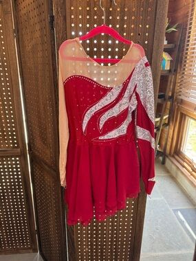 Red Kids Figure Skating Costume with Illusion Sleeves and Sequin Details